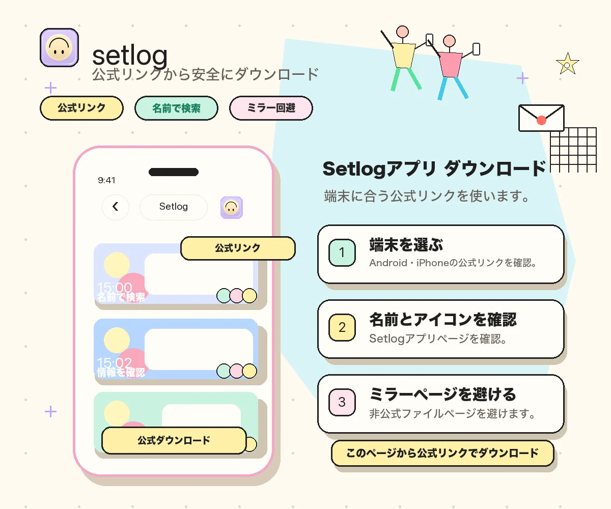 Setlogアプリ ダウンロード画像。AndroidとiPhoneの公式リンク、アプリ名、アイコン、ミラーページ回避を確認