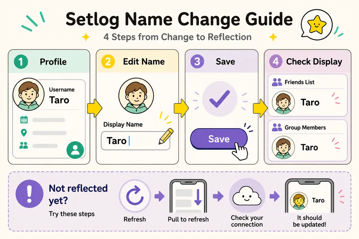 How to change Setlog display name: find edit screen, update display name, save, and confirm how friends see it