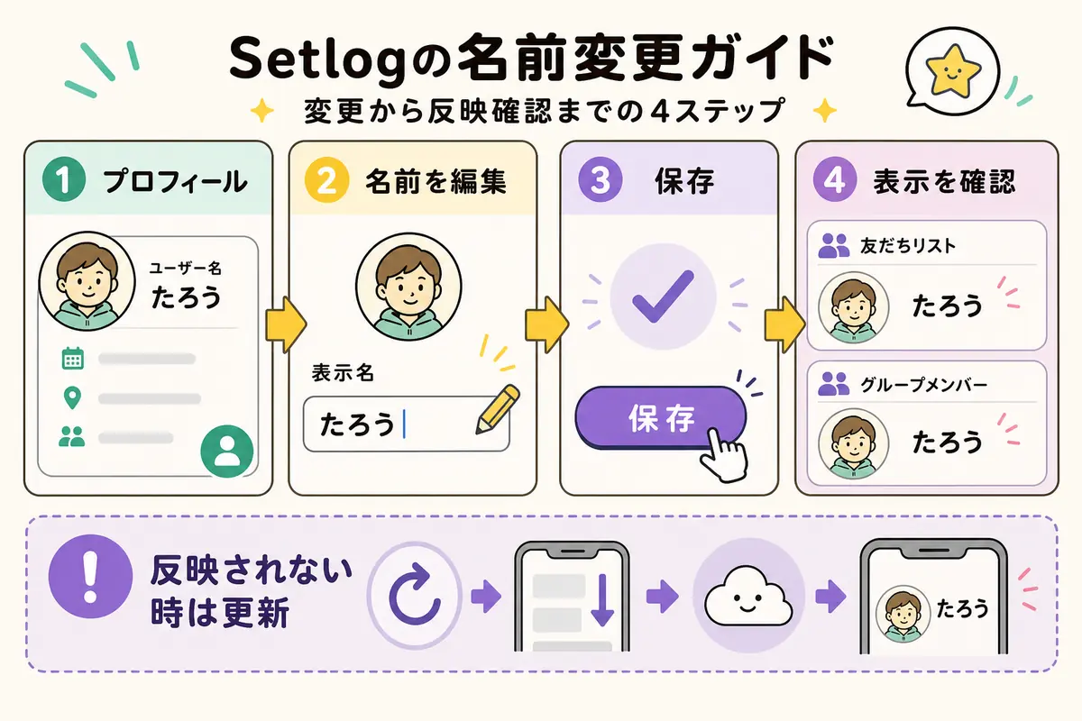 名前の変え方の流れ。編集画面を開き、表示名を編集し、保存して友達側の表示を確認する手順