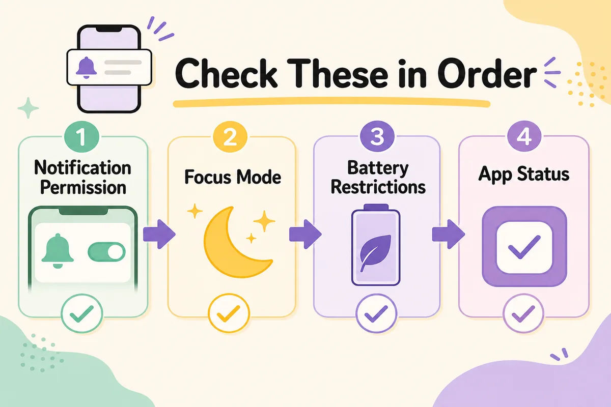 Setlog notifications troubleshooting: check notification permission, Focus mode, battery optimization, and background data on iPhone and Android