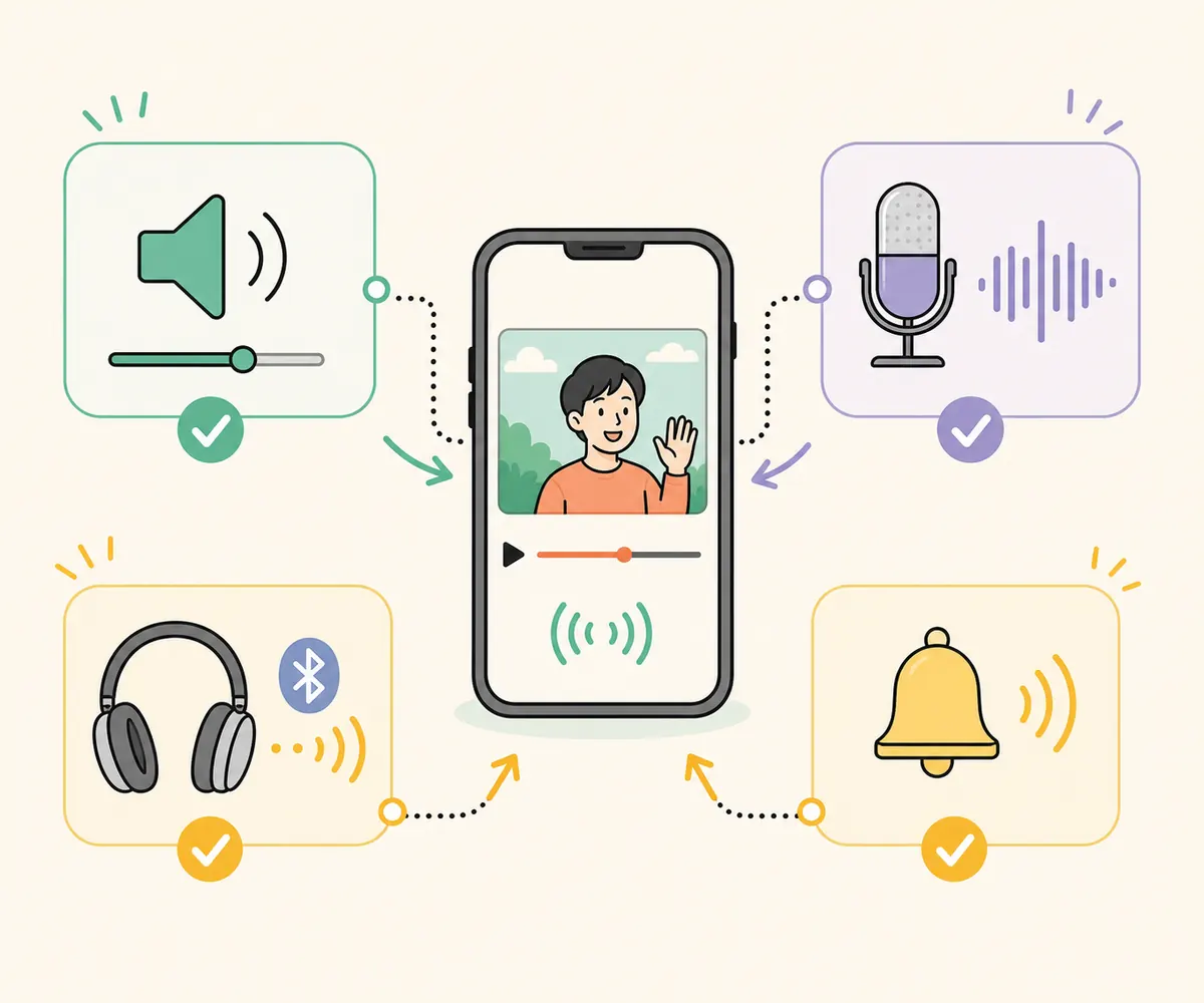 셋로그 소리 문제 해결 이미지. 미디어 음량, 마이크 녹음, Bluetooth 이어폰 출력과 알림음을 구분하는 순서