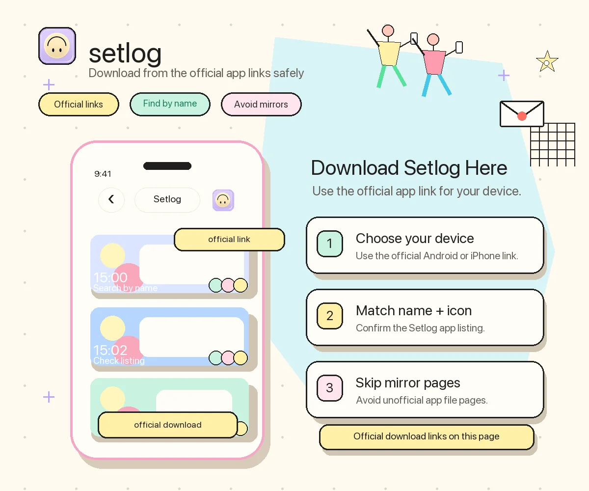 Setlog download image showing Android and iPhone store paths, supported device checks, app version details, and APK notes