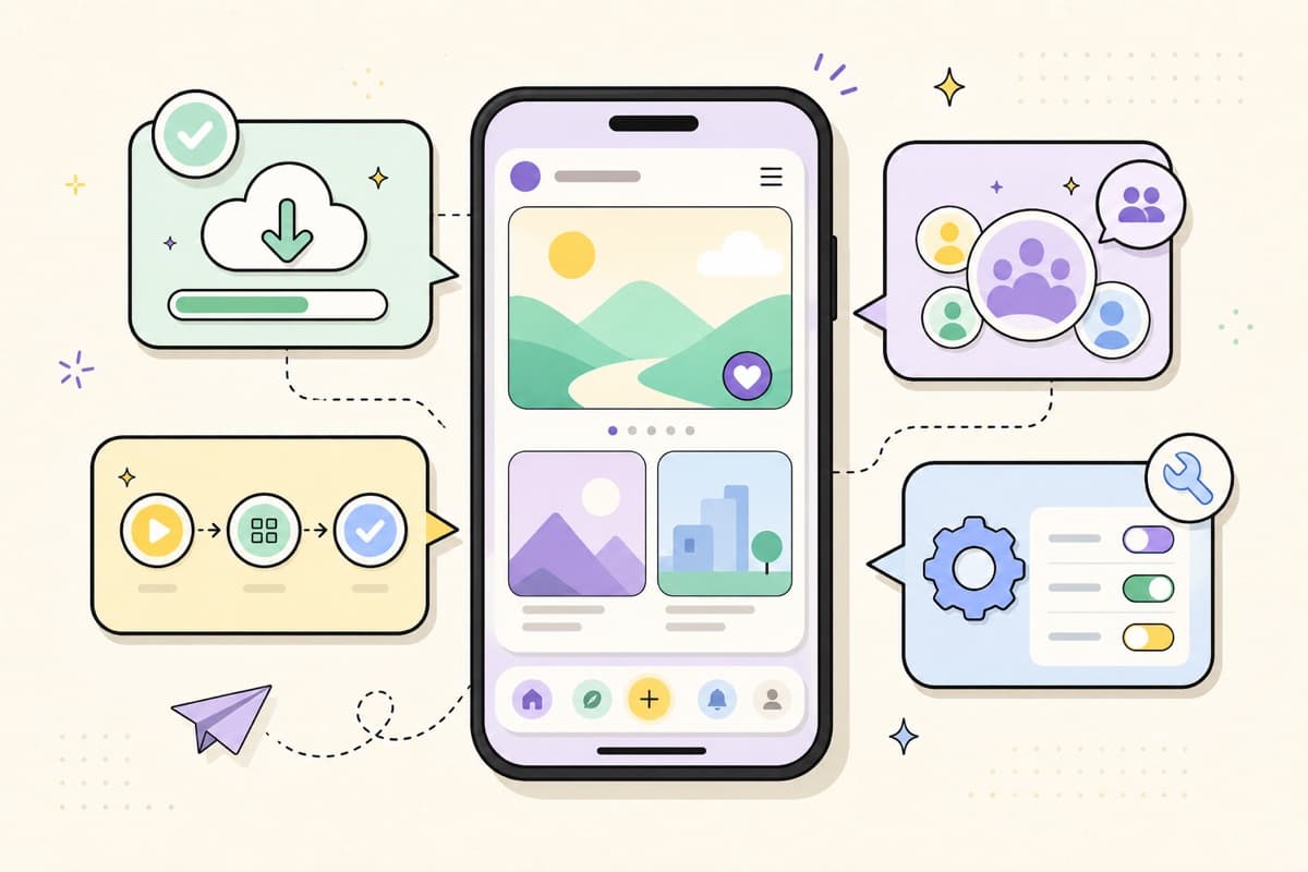SetlogHub English guide showing Setlog download checks, group discovery, app learning, and settings help