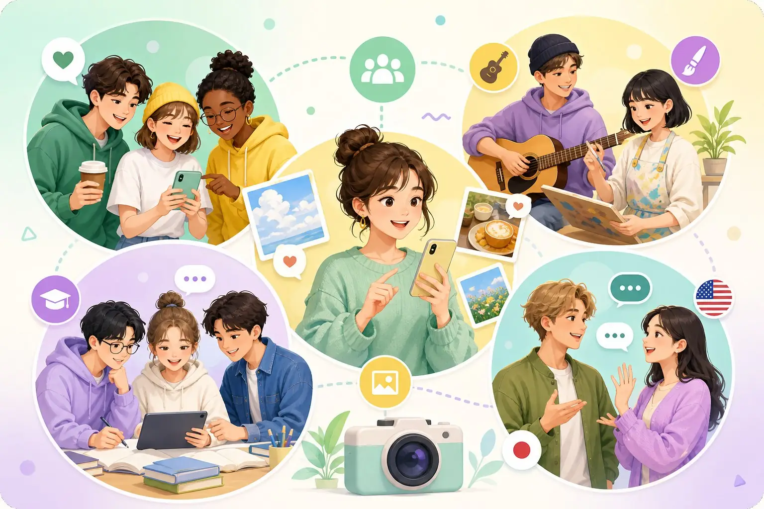 Setlogで友達やサークルを探すためのグループコード案内。趣味、勉強、写真、言語交換の小さなグループがつながるイメージ