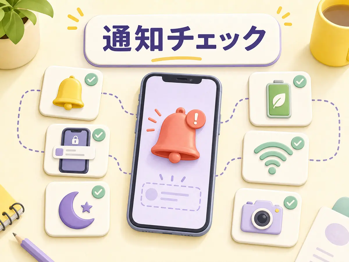 セットログの通知が来ない時に通知許可、集中モード、電池制限、通信、カメラ権限を確認する画像