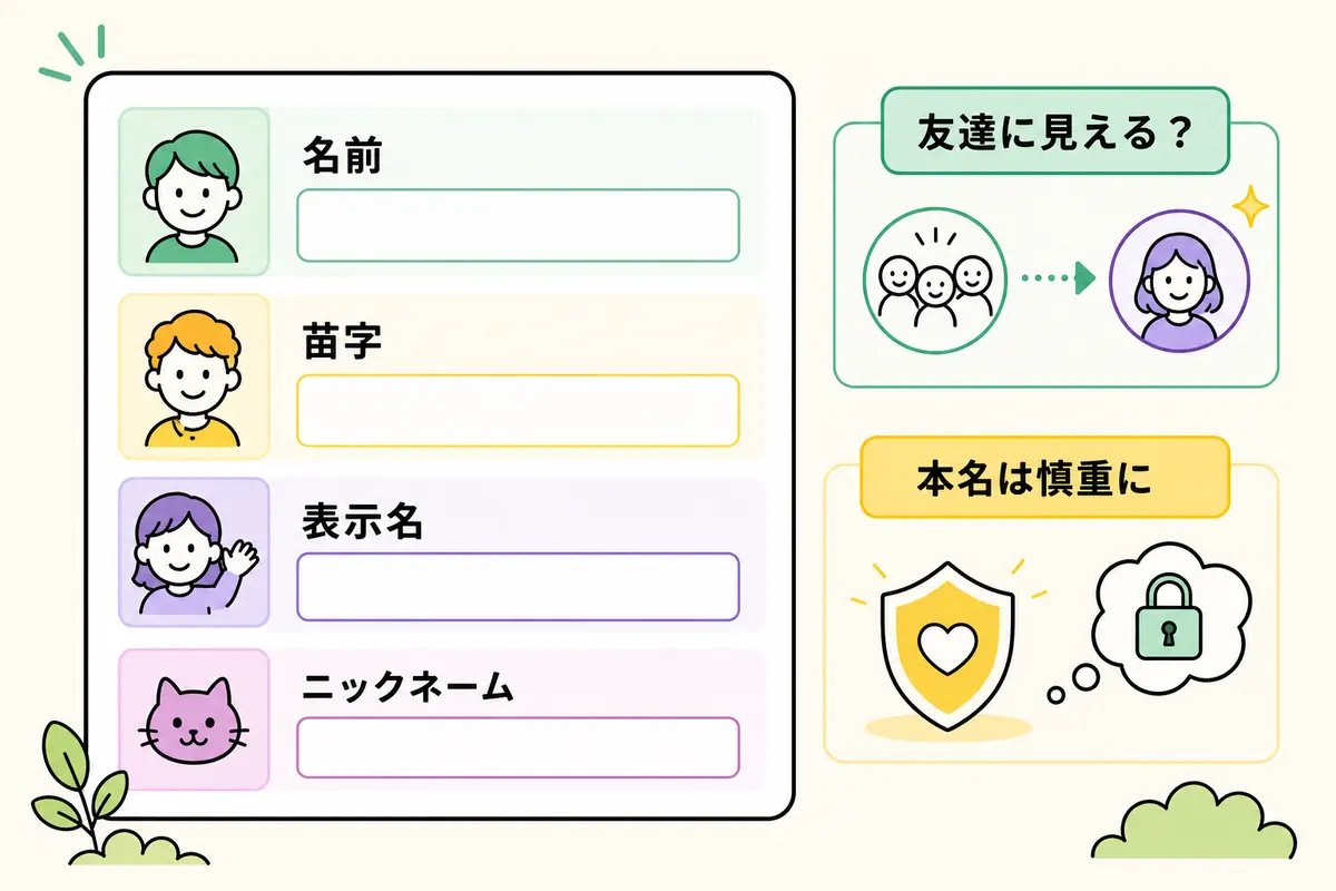 セットログ 名前入力で名前、苗字、表示名、ニックネームと相手に見える名前を確認する画像