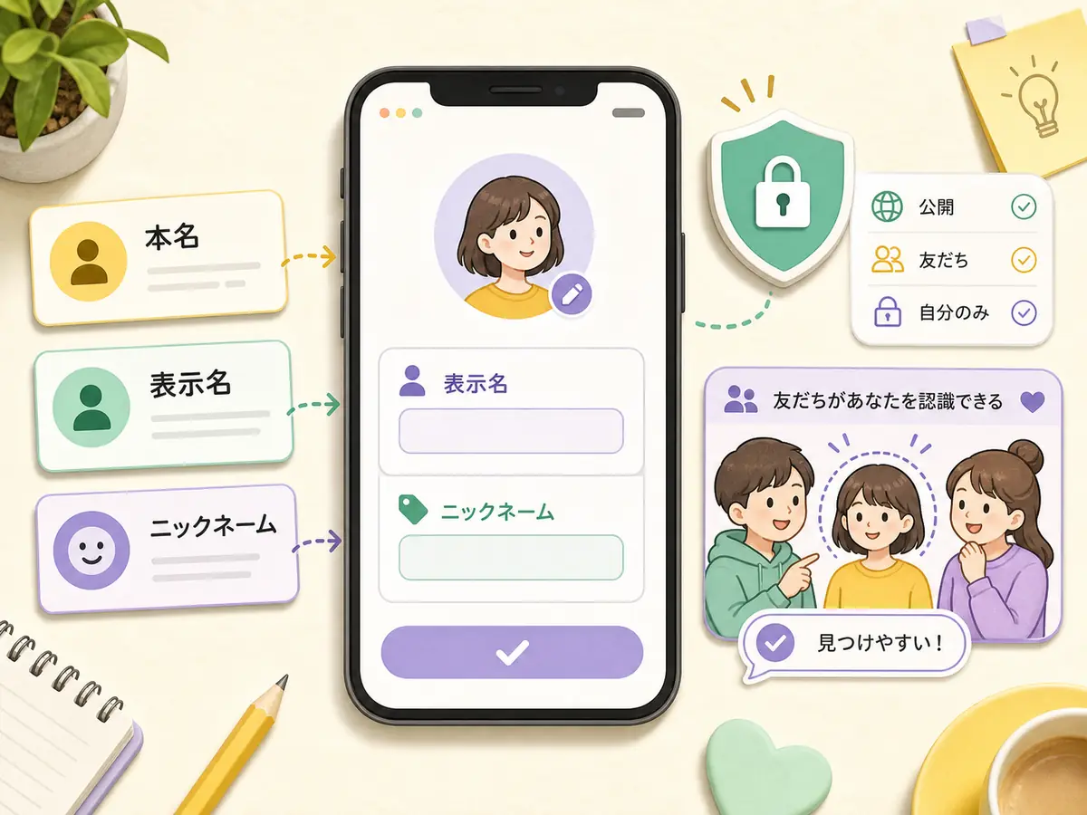 セットログ登録時に本名、表示名、ニックネーム、公開範囲を確認する画像
