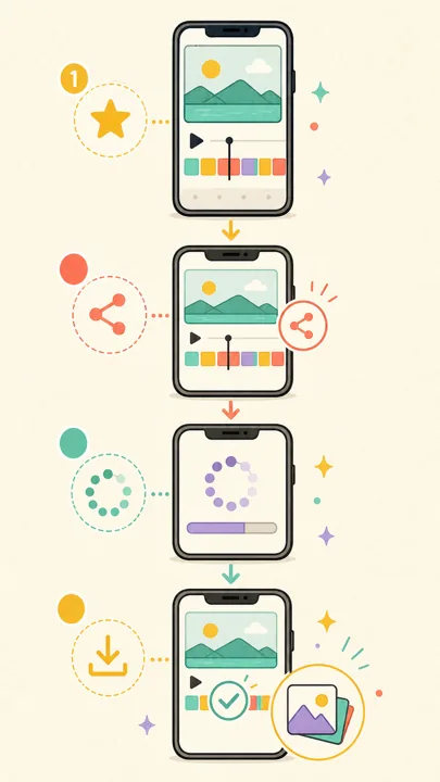 Illustrated four-step Setlog video export flow from daily Vlog to phone photo library