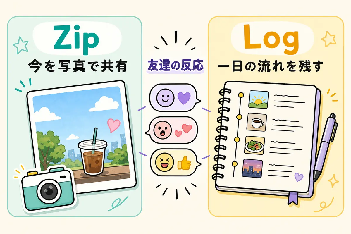 Setlog Zip と Log の違い。Zipは今を写真で共有し、Logは一日の流れを残す機能として比較